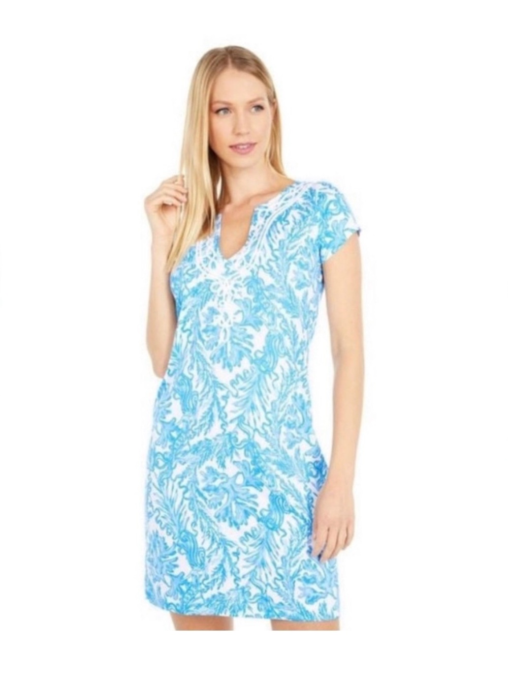 Lilly Pulitzer Blue and White Short-Sleeve V-Neck Mini Dress